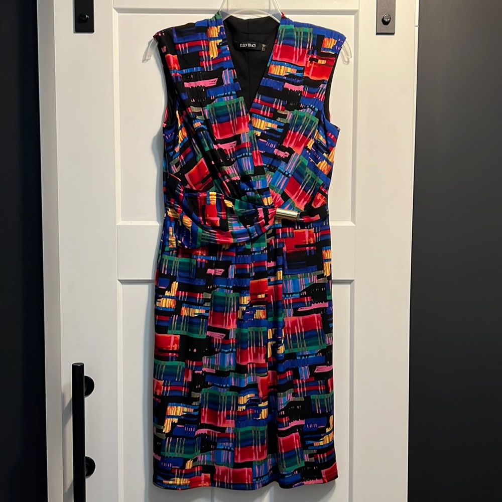 Ellen Tracy Sleeveless Faux Wrap V-neck Vibrant Multicolor Dress